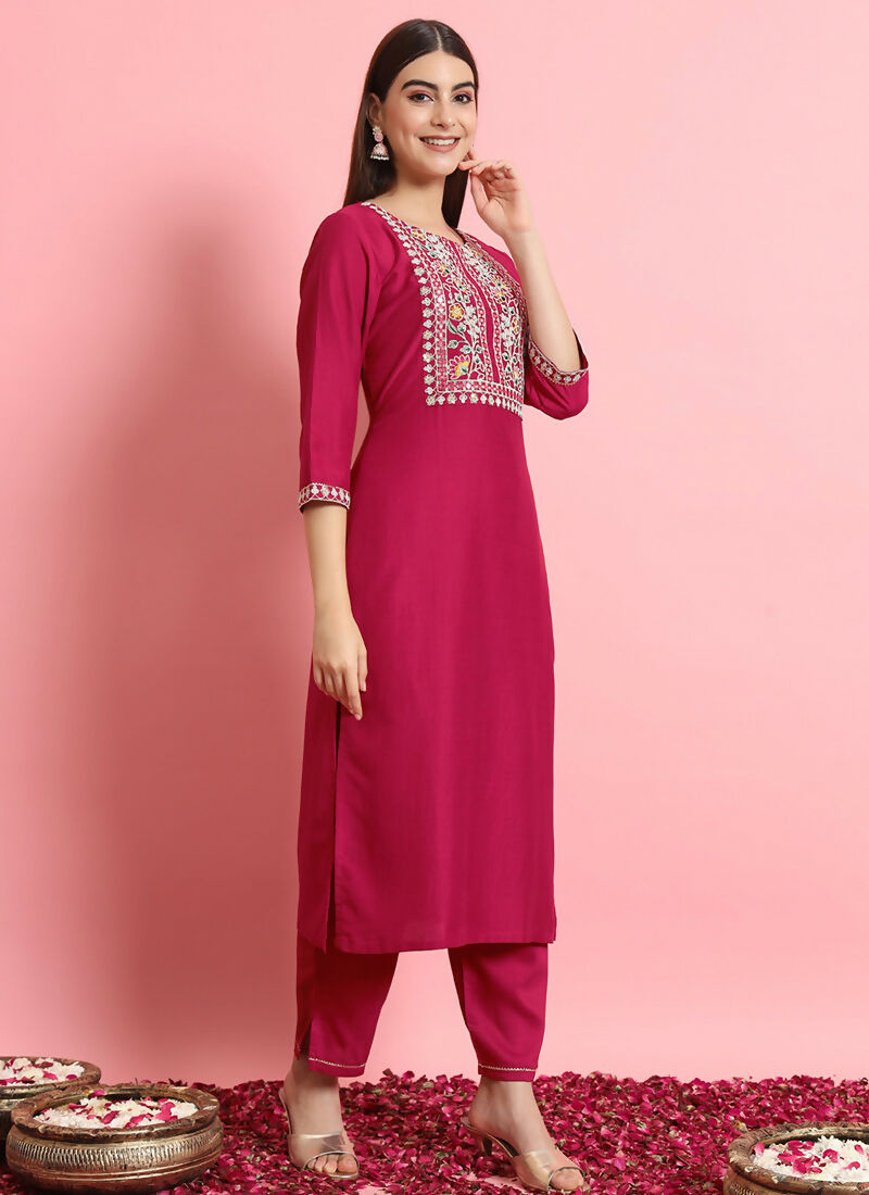 Vellora Rani Pink Embroidered Readymade Suit in Silk Blend for Daily Wear | Grocsy
