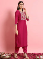 Vellora Rani Pink Embroidered Readymade Suit in Silk Blend for Daily Wear | Grocsy