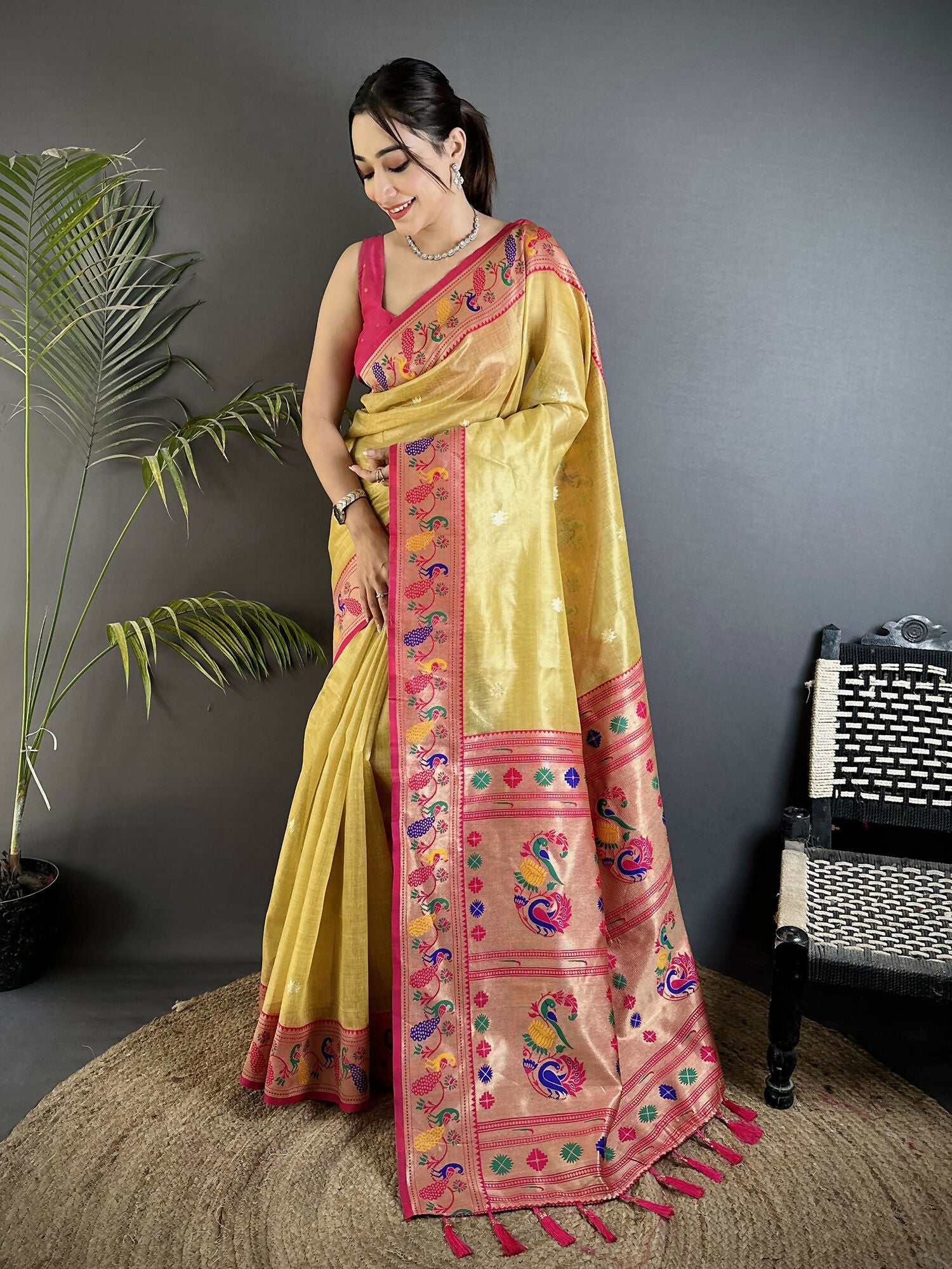 Joban Fashion Golden Yellow Zari Weaving Tissue Paithani Saree | Grocsy