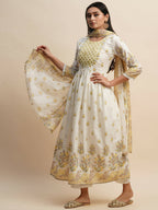White And Yellow Pure Cotton Floral Printed Anarkali Kurta And Bottom With Dupatta - Akashara | Grocsy