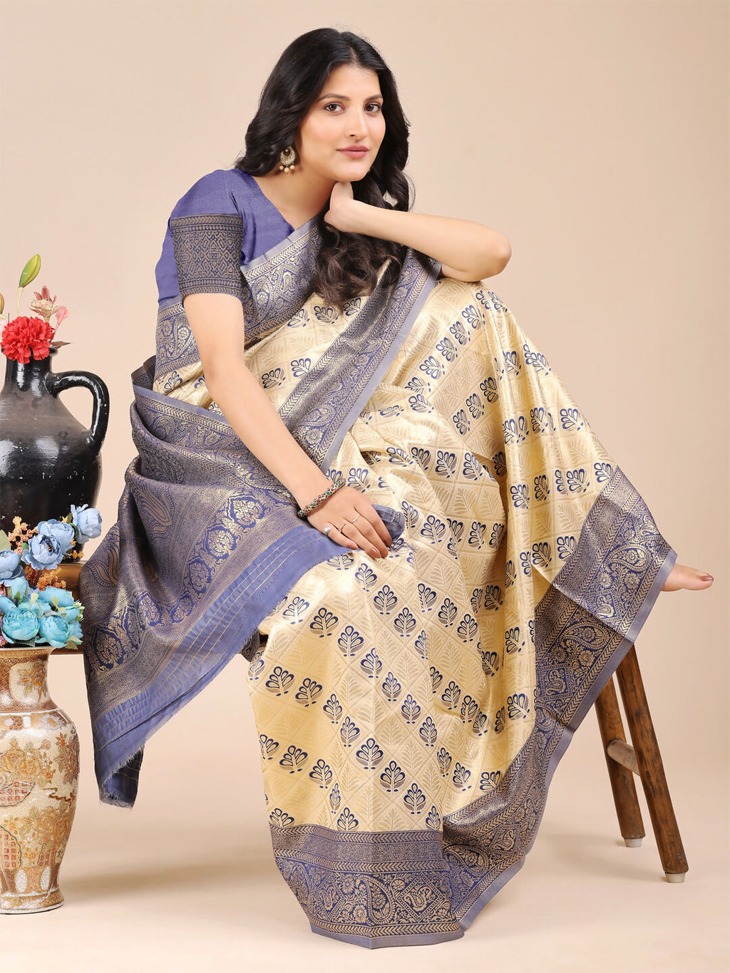 Shree Shyam Fashion Aura Silk Cream Navy Blue Banarasi Silk Saree | Grocsy