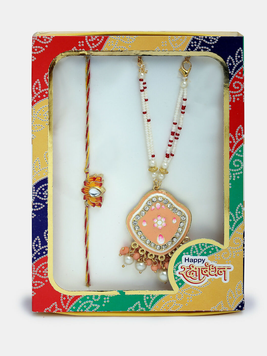 NVR Women & Men Set of 2 Peach Lotus Shape Kundan Stone-Studded & Beaded Bhaiya Bhabhi Rakhi With Roli Chawal & Chocolate | Grocsy