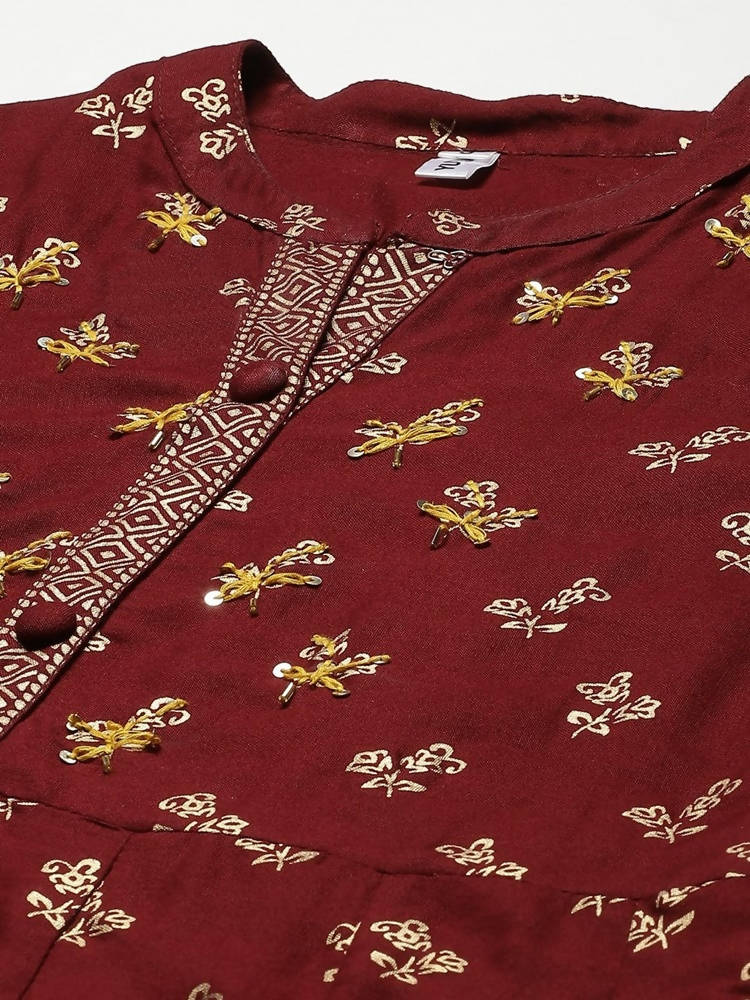 Yufta Women Maroon & Gold Floral Printed Kurta | Grocsy