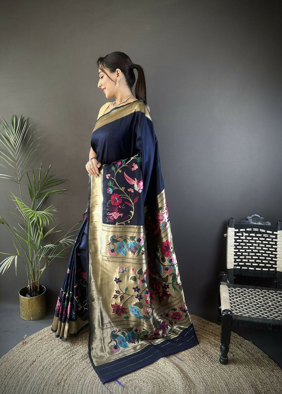 Joban Fashion Navy Blue Floral Paithani Sarees | Grocsy