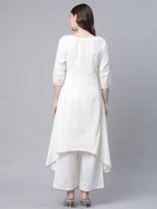 Ahalyaa Women's Off white Pure Cotton Printed Asymmetric Kurta Palazzo Set | Grocsy