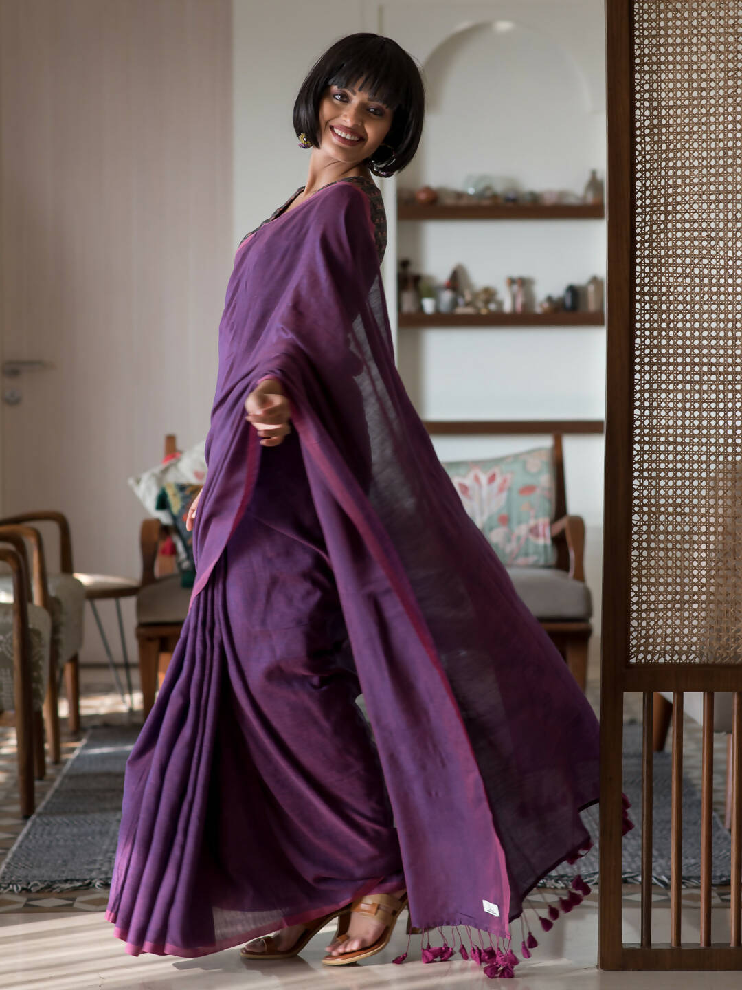 Suta Purple Solid Cotton Blend Saree | Grocsy