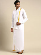 Ramraj Cotton Mens Premium Wedding Cotton White Dhoti with shirt Bit & Towel Set | Grocsy