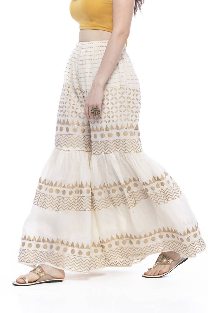 Mominos Fashion Cotton Off White Gold Print With Gota Sharara | Grocsy