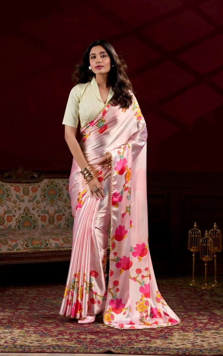 Vastranavya Peach Satin Silk Floral Printed with Pearl Lace Saree with Unstitched Blouse | Grocsy