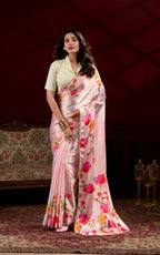 Vastranavya Peach Satin Silk Floral Printed with Pearl Lace Saree with Unstitched Blouse | Grocsy