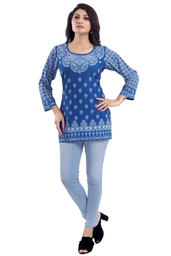 Snehal Creations Royal Blue Faux Crepe Short Kurti Tunic Top | Grocsy
