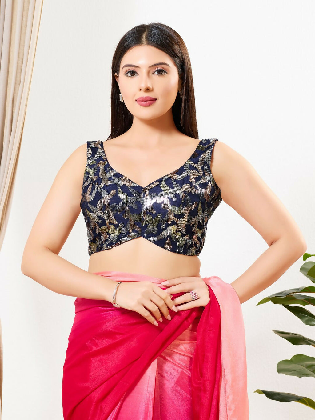 Joban Fashion Navy Blue Silk Padded Blouse With Sweetheart Neck Sleeveless | Grocsy