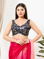 Joban Fashion Navy Blue Silk Padded Blouse With Sweetheart Neck Sleeveless | Grocsy