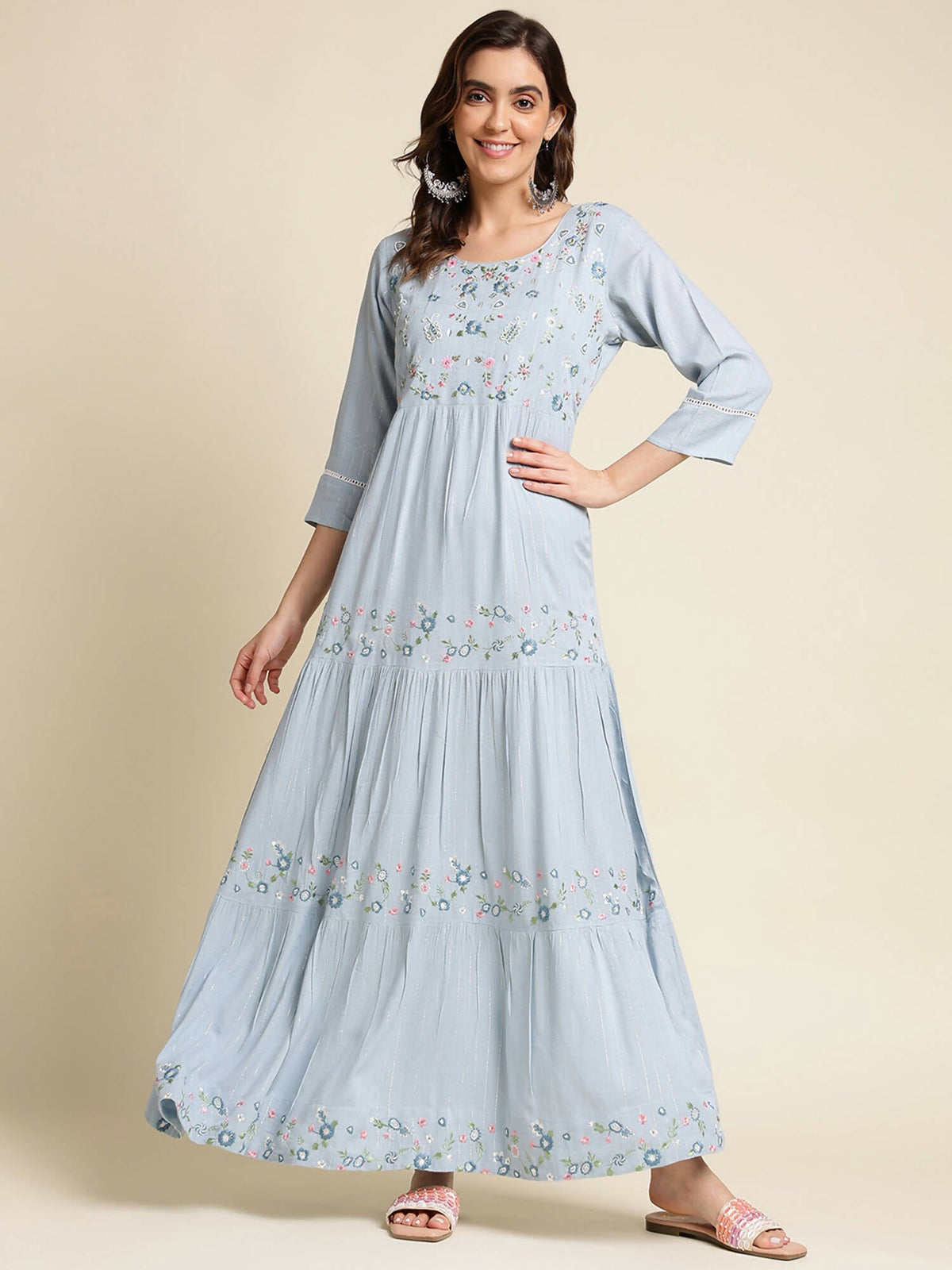 Sky Blue Chinon Floral Embroidered Dress - Nandani | Grocsy