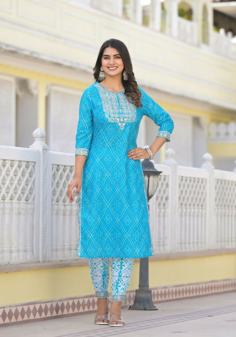 Partywear Designer sky blue cotton Stitched Suit With Dupatta - Tanisha | Grocsy