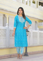 Partywear Designer sky blue cotton Stitched Suit With Dupatta - Tanisha | Grocsy