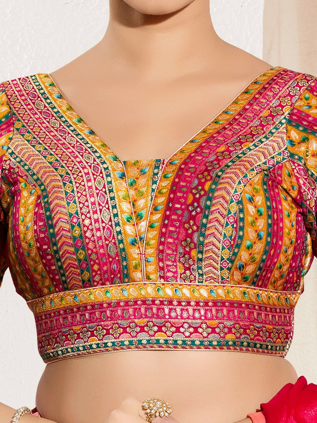 Joban Fashion Pink Multi Brocade Padded Blouse With V Neck Elbow Sleeves | Grocsy