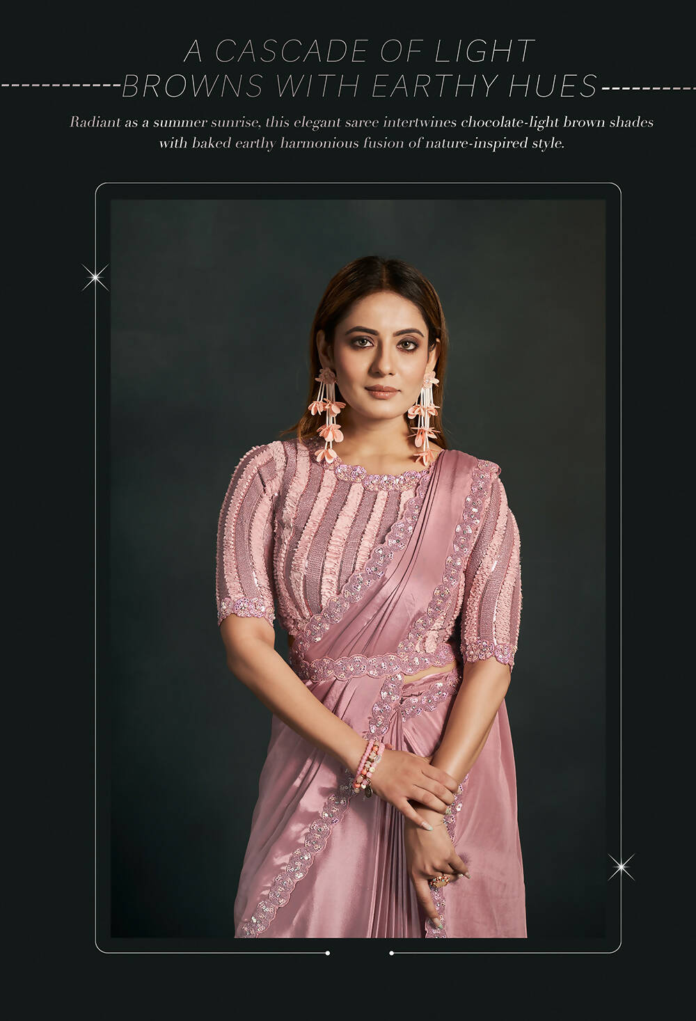Peach Silk Crepe Georgette Cord Sequence & Thread Embroidered & Stone Work Saree - Moh-Manthan Royal Enigma | Grocsy
