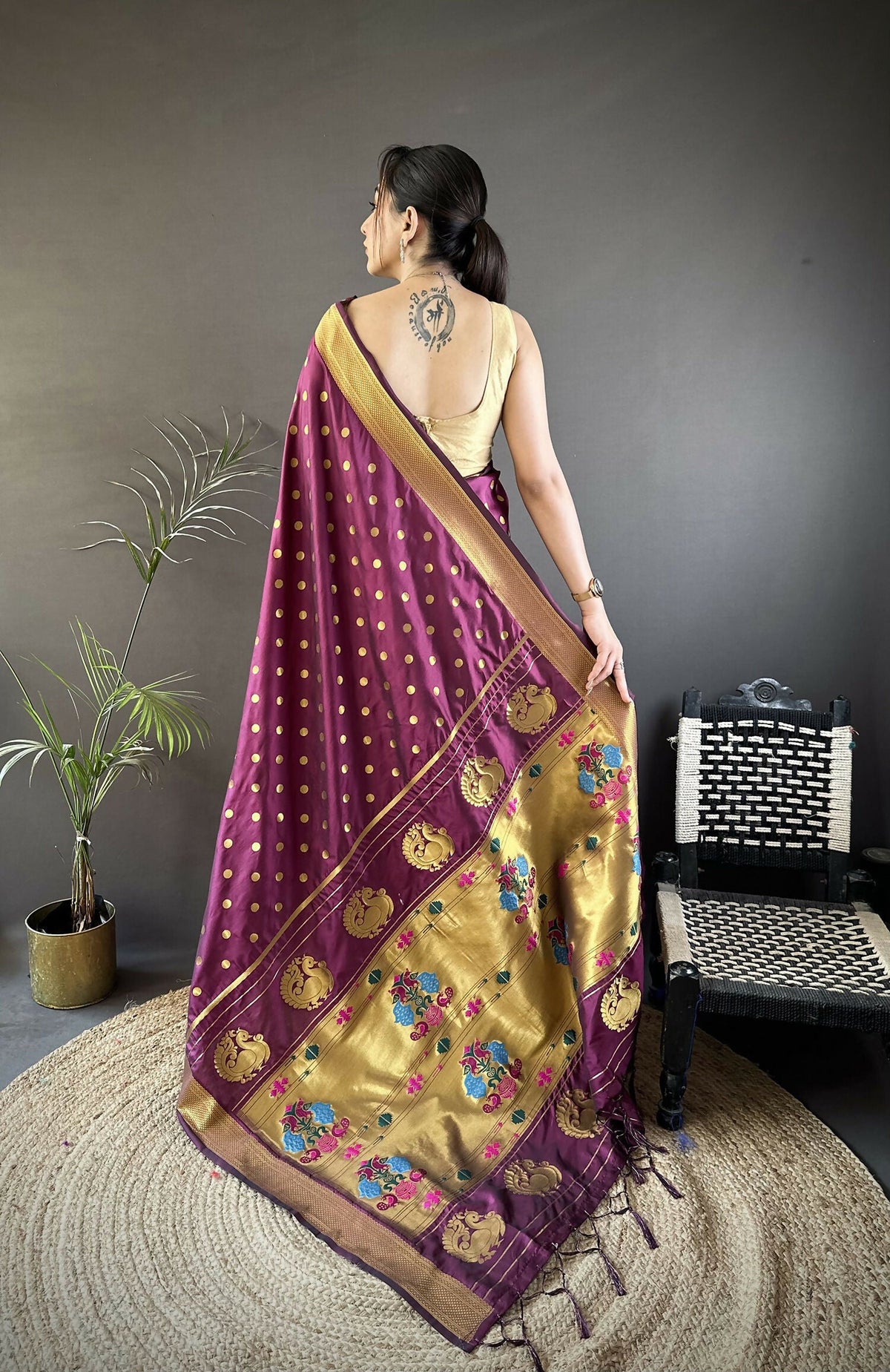 Joban Fashion Wine Polka Dot Lichi Silk Paithani Silk Saree | Grocsy