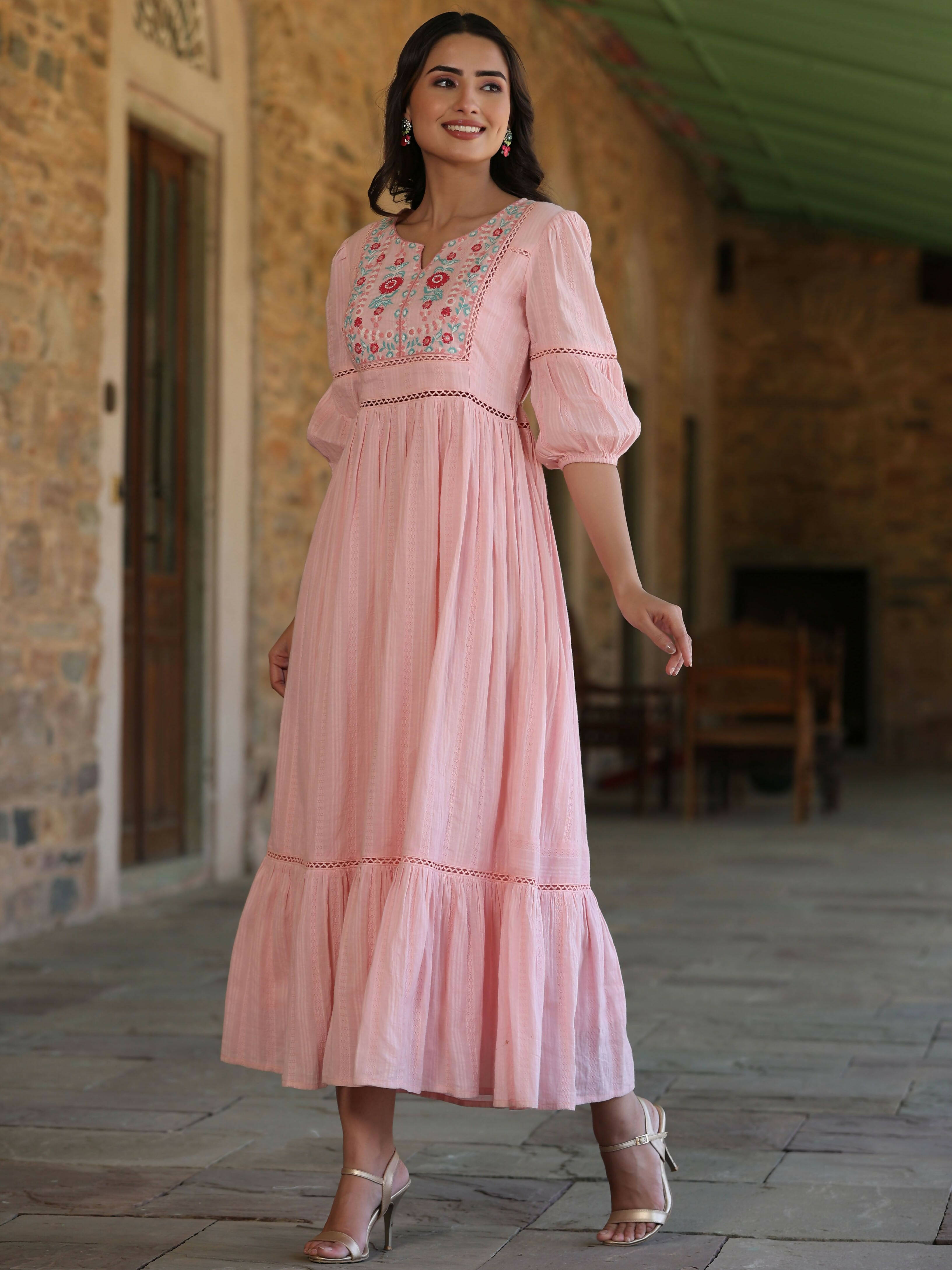 Juniper Women's Pink Cotton Dobby Embroidered Flared Dress | Grocsy