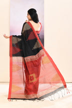 Piyari Fashion Women's Black Temple Border Embellished Cotton Blend Jamdani Saree | Grocsy
