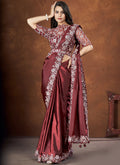 Dark Brown Crepe Satin Silk Embroidered Saree with stitched Blouse - Mohmanthan Saha Saki | Grocsy
