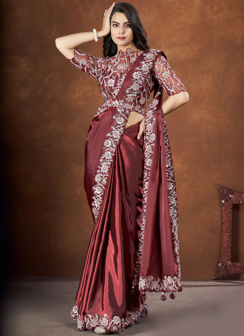 Dark Brown Crepe Satin Silk Embroidered Saree with stitched Blouse - Mohmanthan Saha Saki | Grocsy