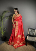 Joban Fashion Red Banarasi Cotton Silk Woven Saree | Grocsy