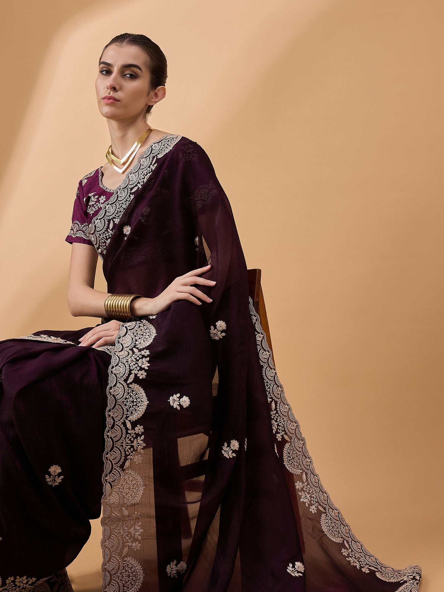 Purple Silk Embroidered Saree with Unstitched Blouse Piece - Satya | Grocsy