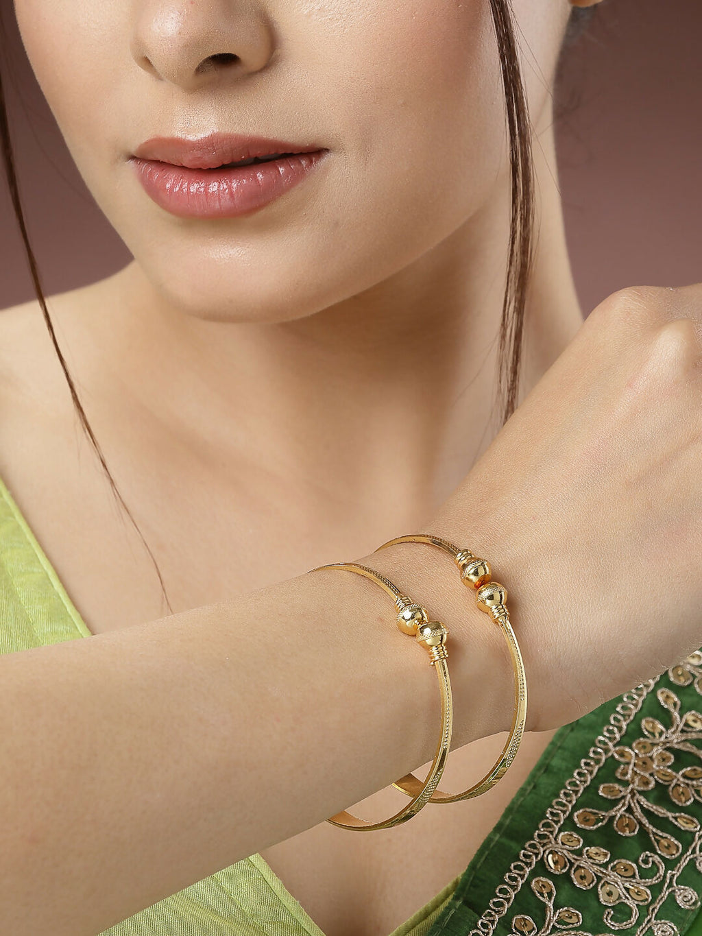 NVR Women's Set of 2 Gold-Polished Handcrafted Adjustable Bangles | Grocsy