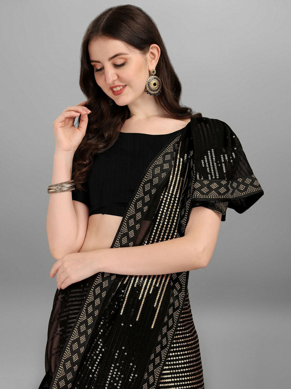 Vegaa Fashion Black Georgette Embroidered Party Wear Saree | Grocsy