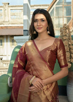 Delightful Designer Maroon Color Organza Silk Saree With Weaving Work - Yomika Fashions | Grocsy