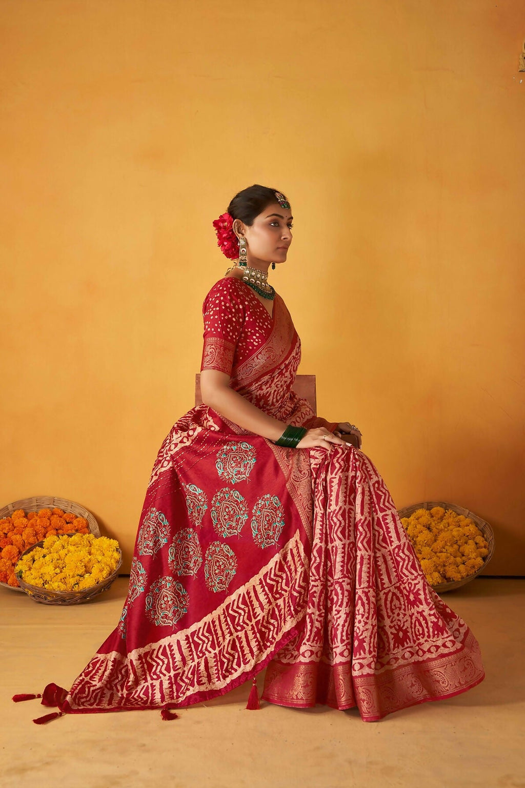 Joban Fashion Kashmiri Silk Zari Border Red Work Saree | Grocsy