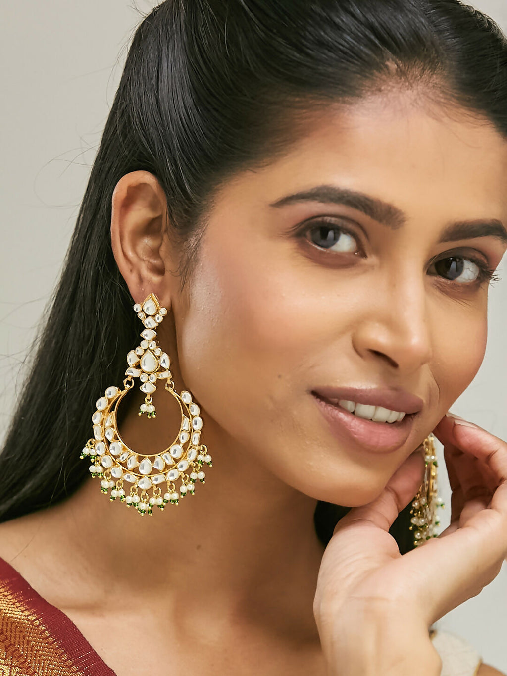 Nuyug 22K Gold-Plated Elegant Kundan Studded & Beaded Floral Chandbali Earrings | Grocsy