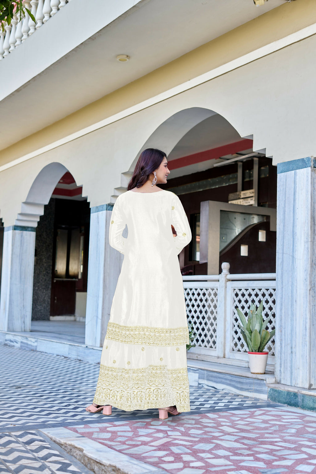 Teeya Creation White Color Chinon Silk Heavy Embroidery Work Wedding Wear Sharara | Grocsy
