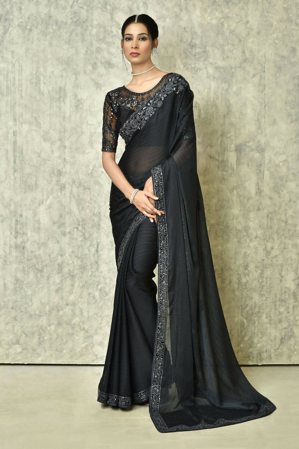 Black Silk Solid Designer Saree with Blouse - Purvi | Grocsy