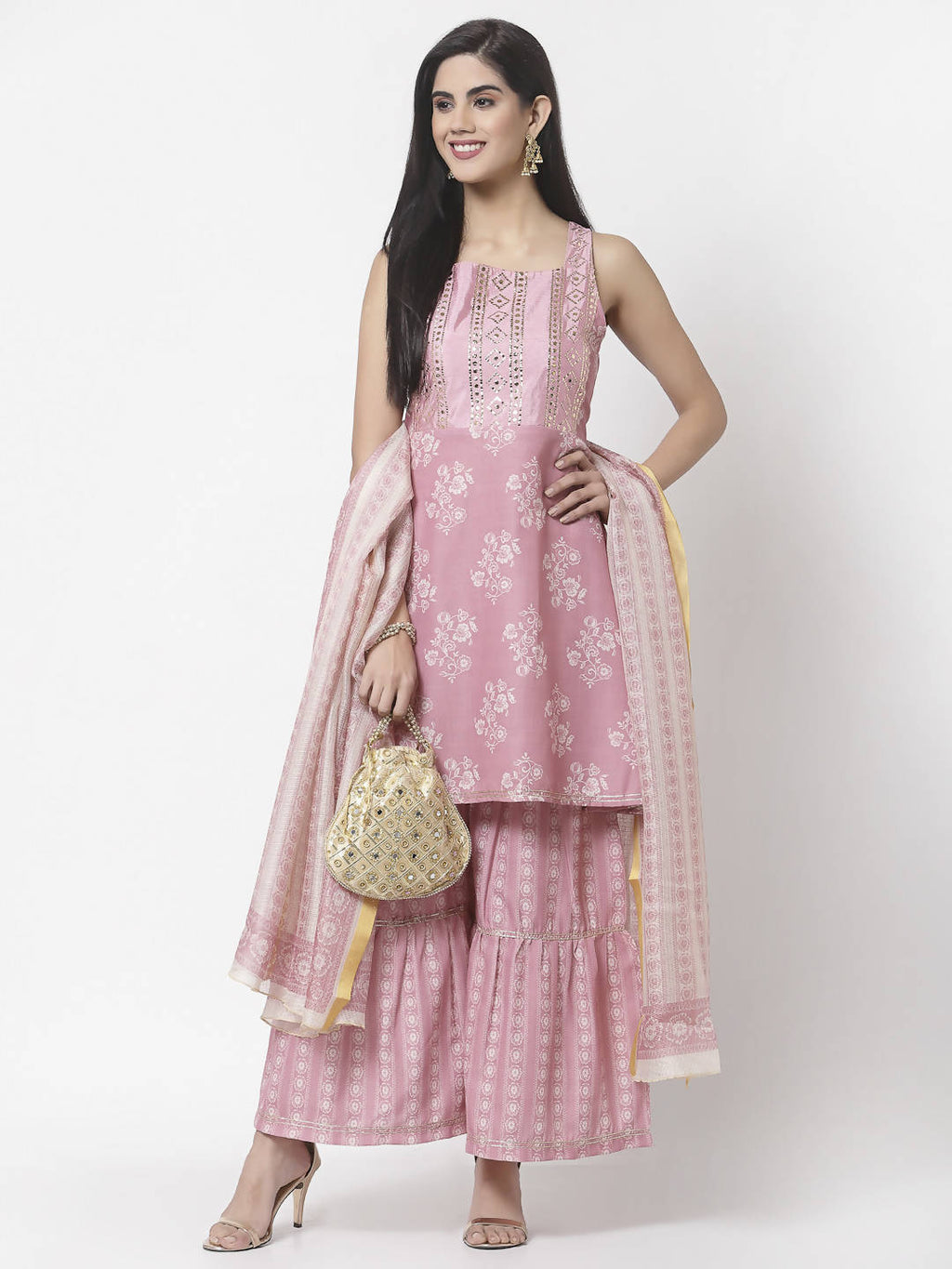Myshka Women Peach Cotton Blend Printed Sleeveless Shoulder Straps Kurta With Sharara & Dupatta Set | Grocsy