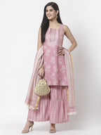 Myshka Women Peach Cotton Blend Printed Sleeveless Shoulder Straps Kurta With Sharara & Dupatta Set | Grocsy