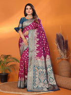 Joban Fashion Banarasi Magenta Woven Soft Silk Saree | Grocsy