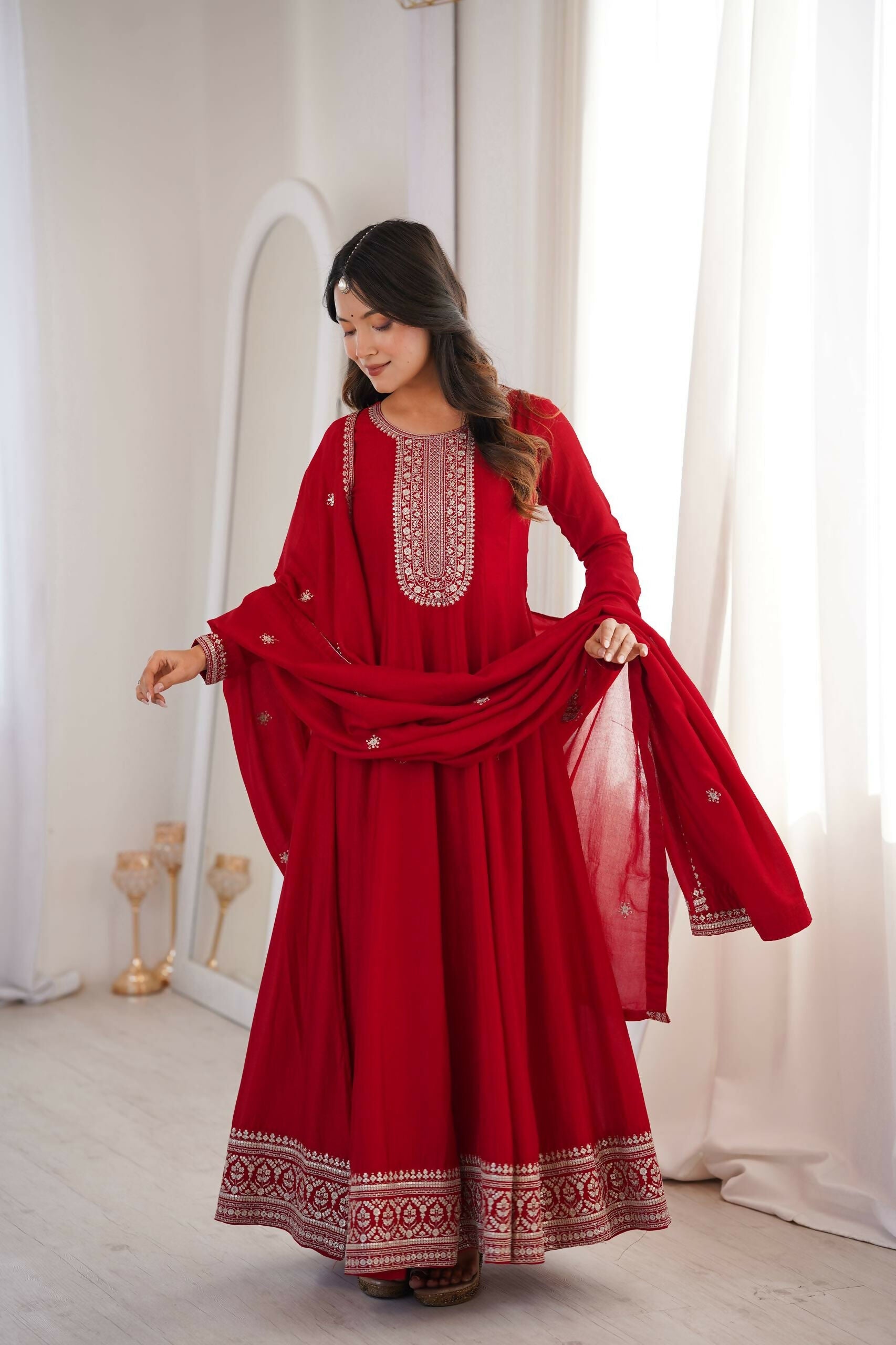 Teeya Creation Maroon Color Vichitra Silk Embroidery Work Party Wear Long Gown | Grocsy