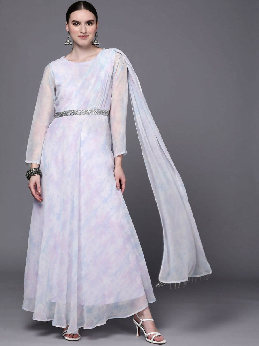 Ahalyaa Women Blue & White Floral Fit & Flare Maxi Ethnic Dress | Grocsy