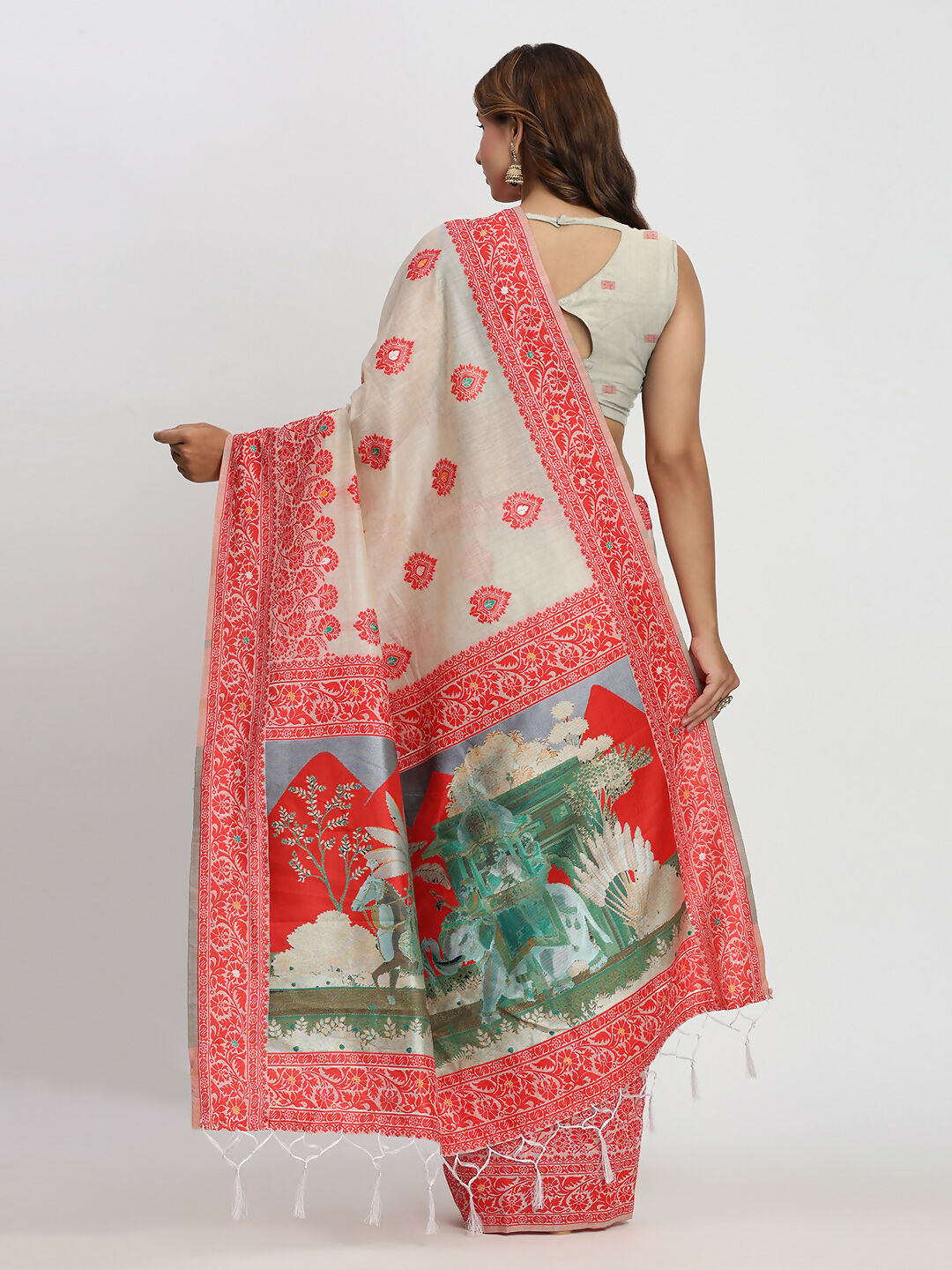 Shree Shyam Fashion Linen Cotton Cream & Red Saree | Grocsy