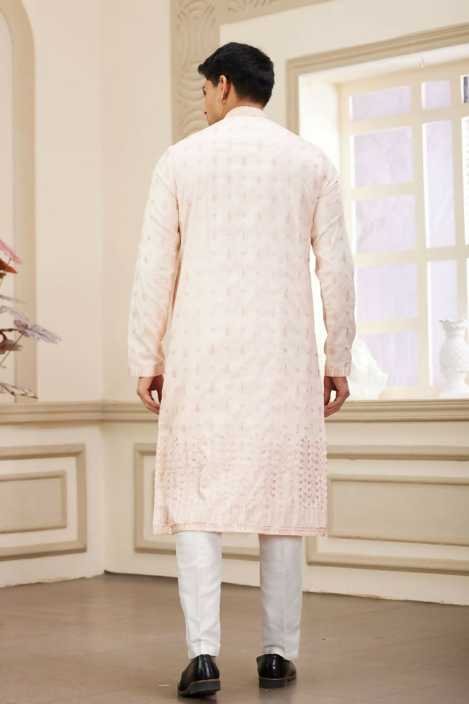 Raivat Ethnic Art Silk Thread Work Kurta Pajama In Light Pink Colour | Grocsy