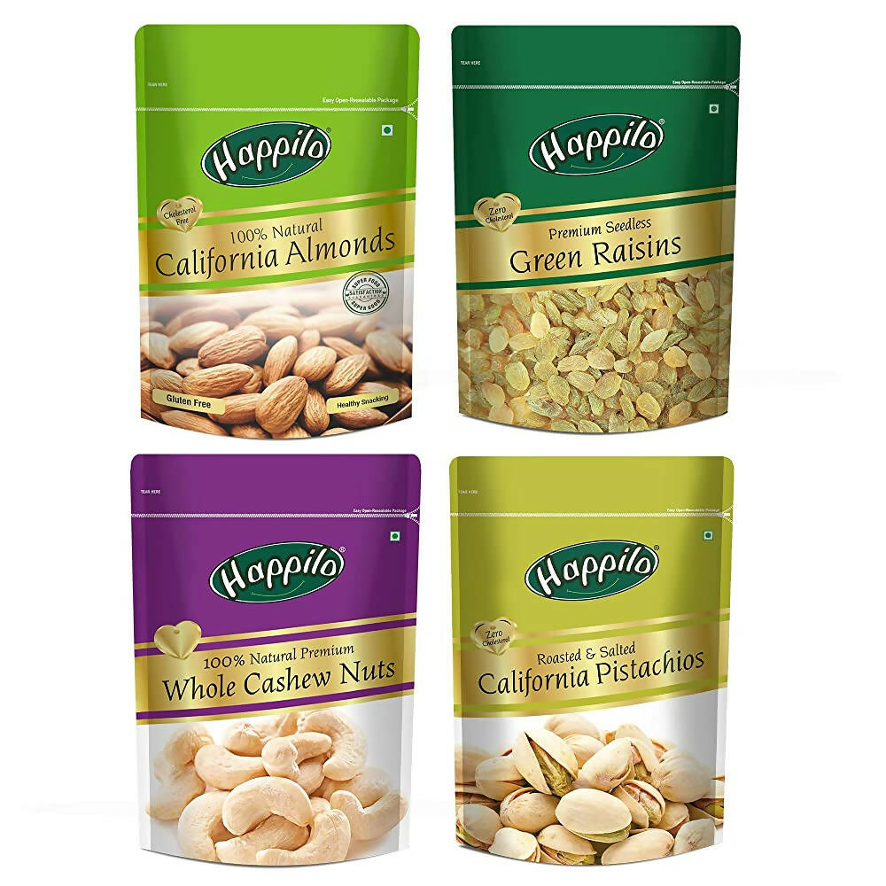 Happilo Premium Dry Fruits Combo (California Almonds, Raisins, Whole Cashews, Roasted Pistachios) | Grocsy
