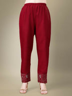 Jyoti Fashion Women's Maroon Cotton Blend Embroidery & Fancy Lace work Kurta with Trouser & Dupatta | Grocsy