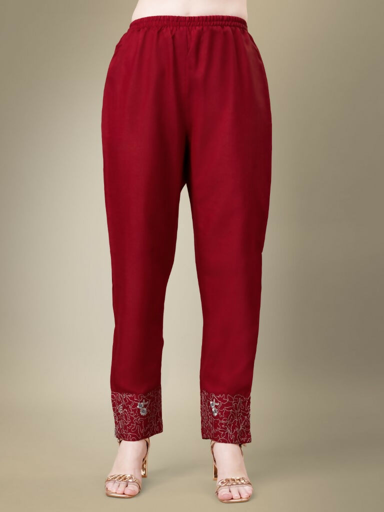 Jyoti Fashion Women's Maroon Cotton Blend Embroidery & Fancy Lace work Kurta with Trouser & Dupatta | Grocsy