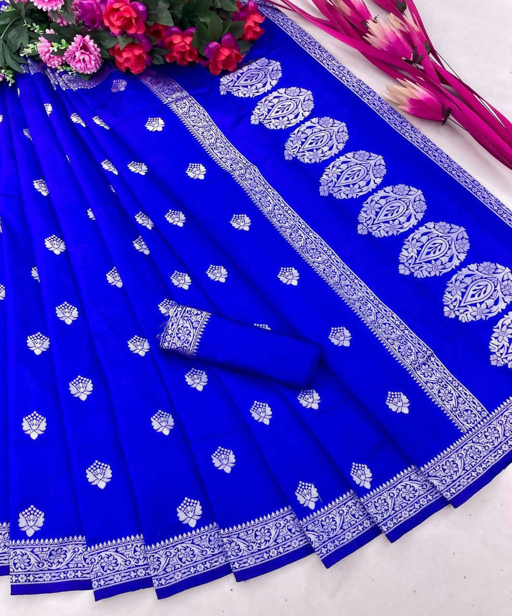 DEIANA'S Beautiful Designer Golden zari Soft Lichi Silk Saree - Royal Blue | Grocsy