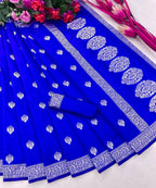 DEIANA'S Beautiful Designer Golden zari Soft Lichi Silk Saree - Royal Blue | Grocsy