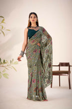 Vastranavya Mehendi Lurex Brasso Floral Printed Saree with Unstitched Blouse | Grocsy