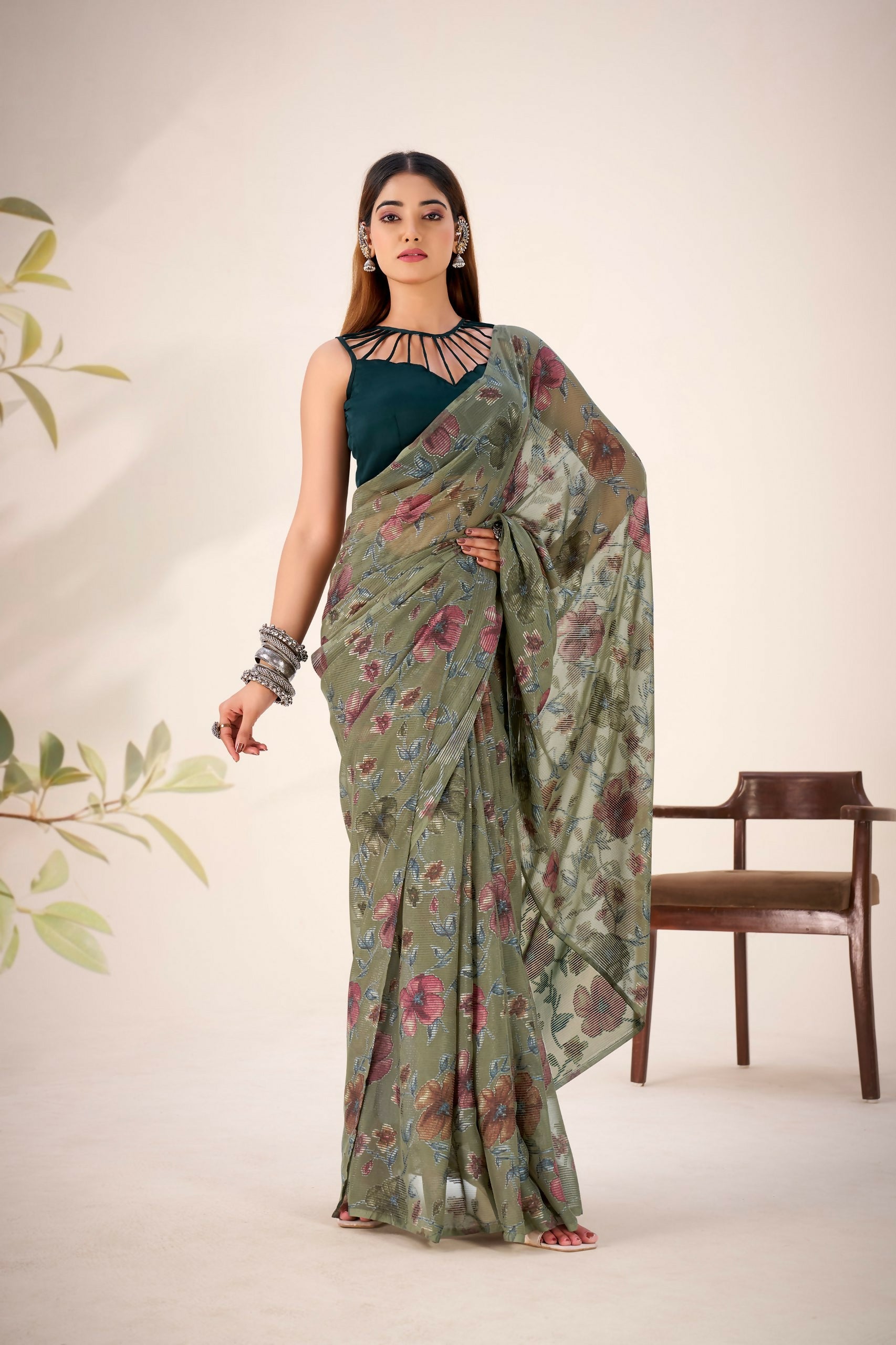 Vastranavya Mehendi Lurex Brasso Floral Printed Saree with Unstitched Blouse | Grocsy